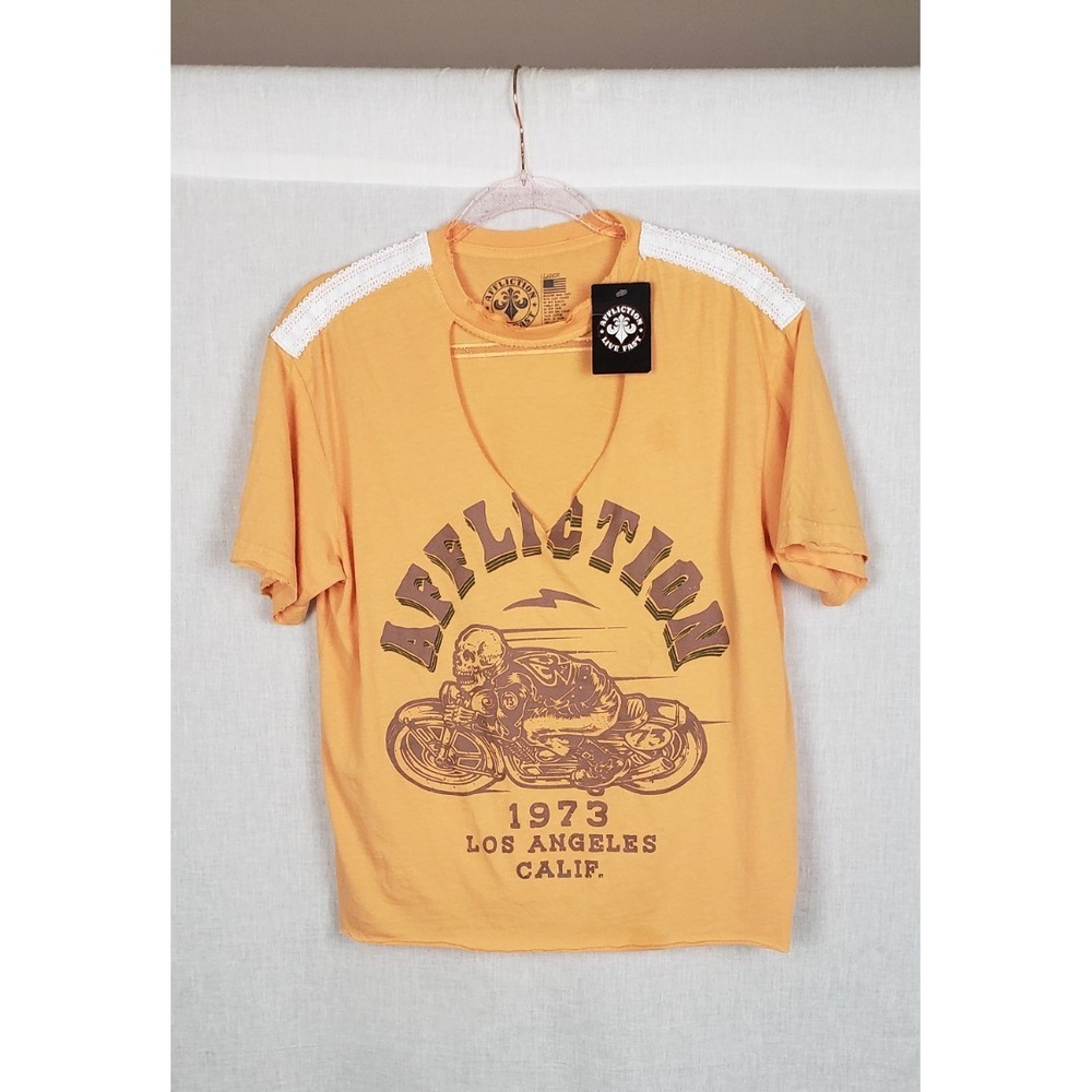 Affliction Live Fast T Shirt L Womens 1973 Los Angeles Orange Keyhole Skull Bike